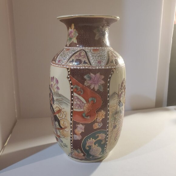 Vintage Chinese Satsuma Vase Porcelain Painted Moriage Gilt Geisha 12'' Tall - Picture 5 of 9